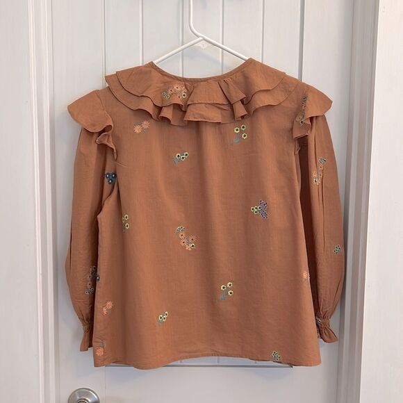 Something Navy Embroidered Floral Ruffle Trim Long Sleeve Blouse Top Camel Small - Picture 5 of 11